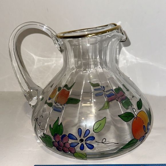 ‘Crystal Clear’ Pitcher - Hand Painted Fruit And Flowers, 22k Gold Painted Rim - Picture 6 of 11